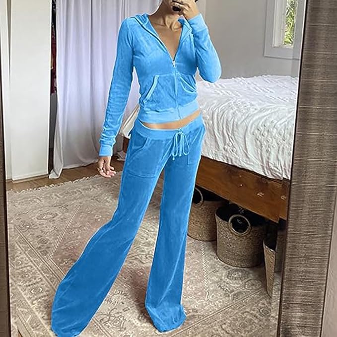 Womens Velour Tracksuits Set Sweatsuit Long Sleeve Zip Up Hoodie